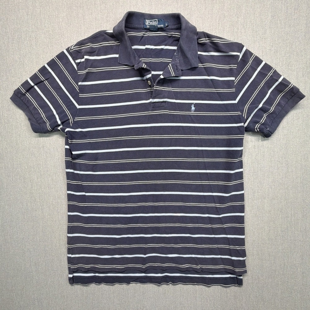 Polo Ralph Lauren Polo Shirt Mens Large Navy Blue Striped Classic Fit